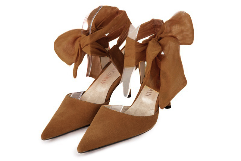 Caramel brown women's open back shoes, with an ankle scarf. Pointed toe. High slim heel. Front view - Florence KOOIJMAN